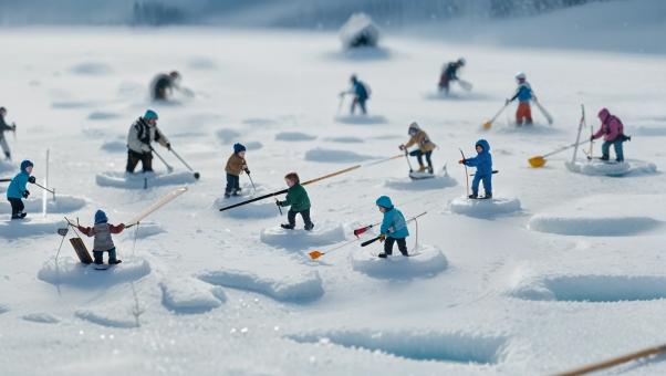 Miniature Ice Fishers on a Frozen Gelatin Lake with Marshmallow Sleds
