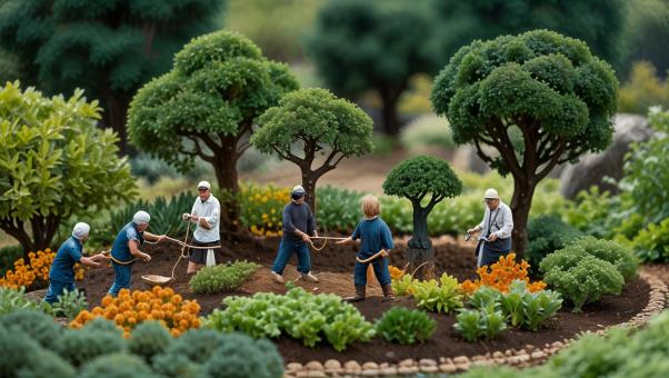 Miniature Florists Tending Broccoli Bonsai Garden with Edible Landscap