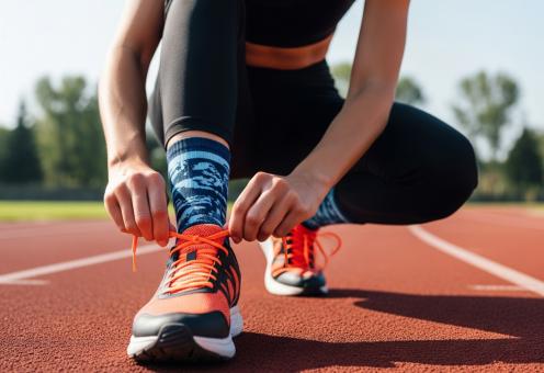 cropped shot of sportswoman tying shoelaces on running track
