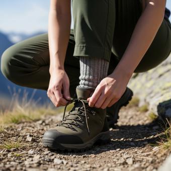 Female hiker tying shoelace on hiking trail in mountains