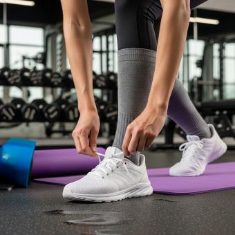 young woman tying shoes in gym