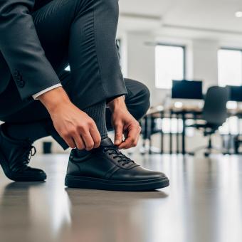 professional man adjusting his shoe laces before work