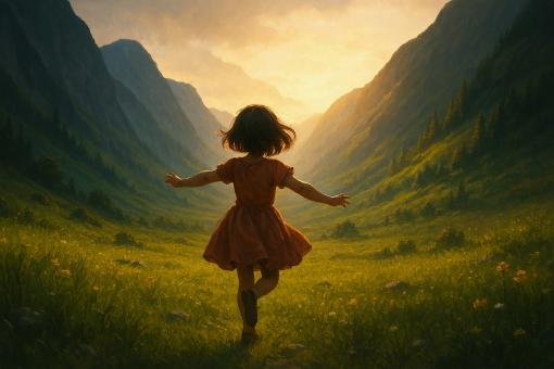 Joyful child running through sun-drenched mountain meadow embracing fr