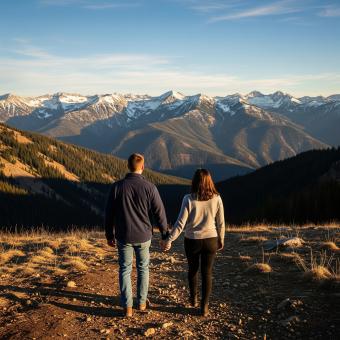 Couple holding hands walking towards majestic snow-capped mountains at