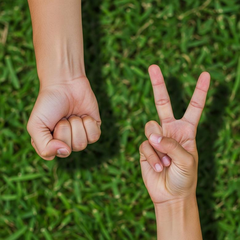 Free stock image of Hands playing rock paper scissors on green grass, deciding game outcom created by Toyoong Digital