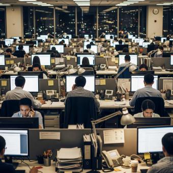 Dedicated team working late into the night in a bustling modern office