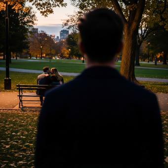 Romantic couple shares intimate moment on park bench at dusk with city