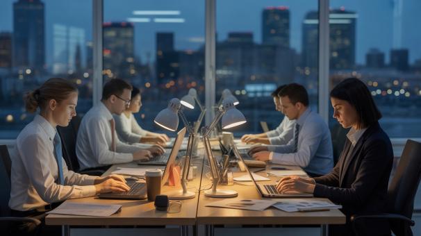 Dedicated professionals working late in a modern office with city ligh