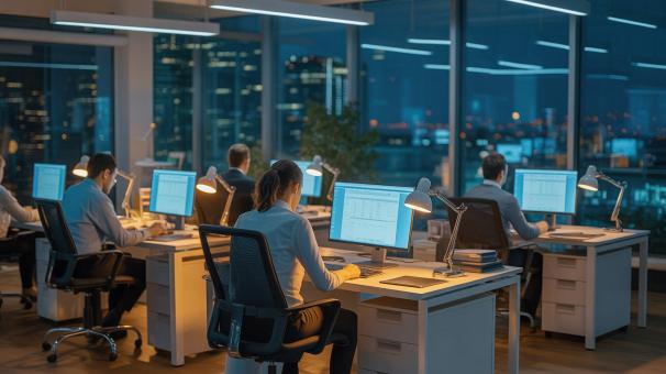 Dedicated professionals working late into the night, focused on screen