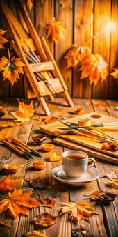 Autumn Still Life Scene with Artist's Easel and Warm Beverage	