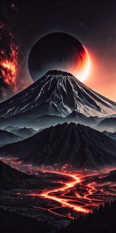 Epic Lunar Eclipse Over Volcanic Mountain Landscape Fiery Glow	