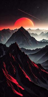 Fiery Sunset Over Jagged Mountain Peaks Under A Starry Sky	