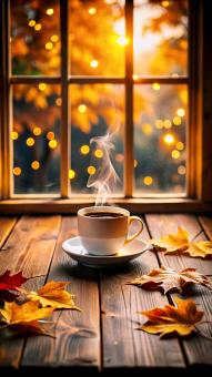Cozy Autumn Evening With Steaming Hot Coffee by the Window	Cozy Autumn