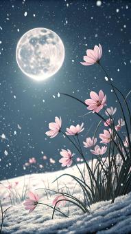 Pink Flowers Bloom Under a Full Moon in a Snowy Landscape	