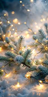 Enchanting Winter Scene With Snow Covered Pine Branches And Twinkling 
