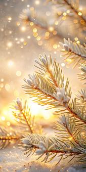 Winter Holidays Sparkle and Frosty Pine Needles in Golden Light	Winter