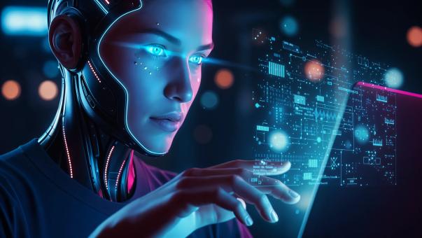 Futuristic AI humanoid working on holographic laptop in neon cyberpunk