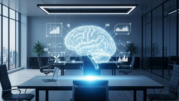 Futuristic business workspace with holographic AI brain and digital te