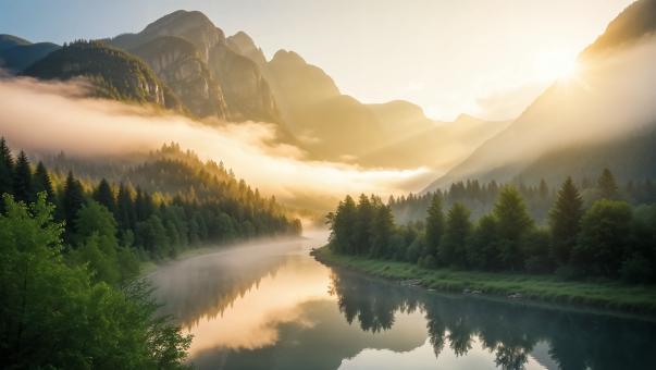 Misty Mountain River at Sunrise with Golden Light Reflections