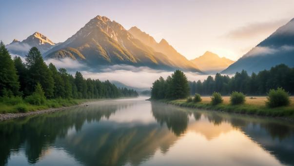 Misty Mountain River at Sunrise with Golden Light Reflections