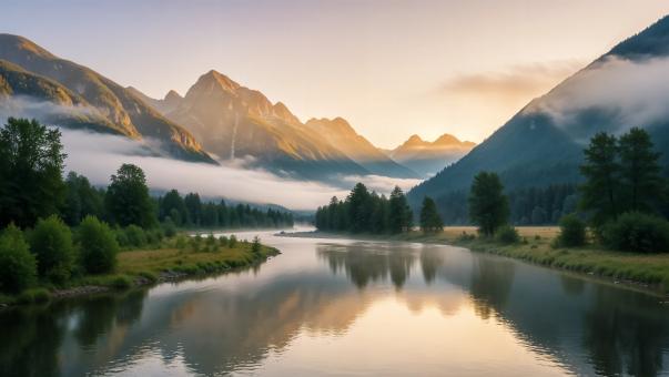 Misty Mountain River at Sunrise with Golden Light Reflections